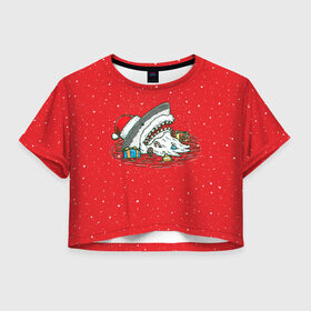 Женская футболка 3D укороченная с принтом Акула Дед Мороз в Тюмени, 100% полиэстер | круглая горловина, длина футболки до линии талии, рукава с отворотами | Тематика изображения на принте: christmas | new year | shark | новый год | рождество | санта