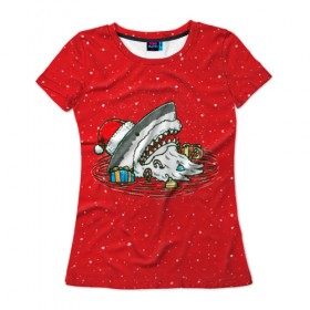 Женская футболка 3D с принтом Акула Дед Мороз в Тюмени, 100% полиэфир ( синтетическое хлопкоподобное полотно) | прямой крой, круглый вырез горловины, длина до линии бедер | christmas | new year | shark | новый год | рождество | санта