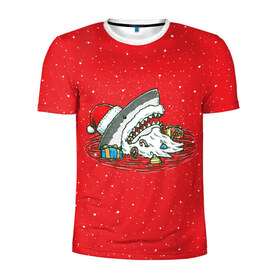 Мужская футболка 3D спортивная с принтом Акула Дед Мороз в Тюмени, 100% полиэстер с улучшенными характеристиками | приталенный силуэт, круглая горловина, широкие плечи, сужается к линии бедра | Тематика изображения на принте: christmas | new year | shark | новый год | рождество | санта