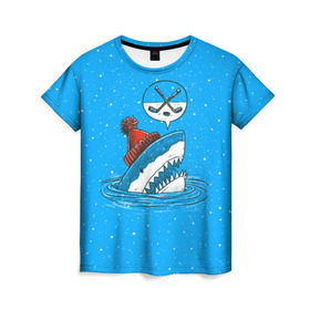Женская футболка 3D с принтом Акула хоккейный фанат в Тюмени, 100% полиэфир ( синтетическое хлопкоподобное полотно) | прямой крой, круглый вырез горловины, длина до линии бедер | fan | fish | hochey | ocean | predator | sea | shark | water | акула | вода | игра | лед | море | океан | рыба | фанат | хищник | хоккей | шайба