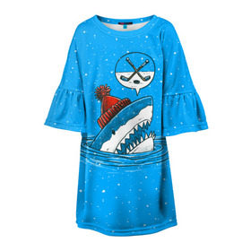 Детское платье 3D с принтом Акула хоккейный фанат в Тюмени, 100% полиэстер | прямой силуэт, чуть расширенный к низу. Круглая горловина, на рукавах — воланы | fan | fish | hochey | ocean | predator | sea | shark | water | акула | вода | игра | лед | море | океан | рыба | фанат | хищник | хоккей | шайба