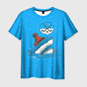 Мужская футболка 3D с принтом Акула хоккейный фанат в Тюмени, 100% полиэфир | прямой крой, круглый вырез горловины, длина до линии бедер | fan | fish | hochey | ocean | predator | sea | shark | water | акула | вода | игра | лед | море | океан | рыба | фанат | хищник | хоккей | шайба