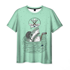 Мужская футболка 3D с принтом Акула хоккеист в Тюмени, 100% полиэфир | прямой крой, круглый вырез горловины, длина до линии бедер | fan | fish | hochey | ocean | predator | sea | shark | water | акула | вода | игра | лед | море | океан | рыба | фанат | хищник | хоккей | шайба