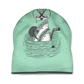 Шапка 3D с принтом Акула хоккеист в Тюмени, 100% полиэстер | универсальный размер, печать по всей поверхности изделия | fan | fish | hochey | ocean | predator | sea | shark | water | акула | вода | игра | лед | море | океан | рыба | фанат | хищник | хоккей | шайба