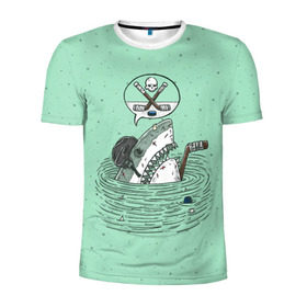 Мужская футболка 3D спортивная с принтом Акула хоккеист в Тюмени, 100% полиэстер с улучшенными характеристиками | приталенный силуэт, круглая горловина, широкие плечи, сужается к линии бедра | fan | fish | hochey | ocean | predator | sea | shark | water | акула | вода | игра | лед | море | океан | рыба | фанат | хищник | хоккей | шайба