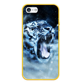 Чехол для iPhone 5/5S матовый с принтом Белый тигр в Тюмени, Силикон | Область печати: задняя сторона чехла, без боковых панелей | зима | клыки | метель | пасть | снег | тигр | хищник
