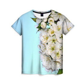 Женская футболка 3D с принтом Сакура в Тюмени, 100% полиэфир ( синтетическое хлопкоподобное полотно) | прямой крой, круглый вырез горловины, длина до линии бедер | вишня | сакура | яблоня | япония