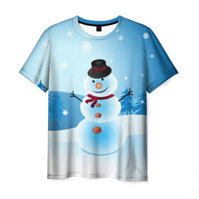 Мужская футболка 3D с принтом Снеговик в Тюмени, 100% полиэфир | прямой крой, круглый вырез горловины, длина до линии бедер | Тематика изображения на принте: дед мороз | зима | новый год | праздник | снеговик | снежинки