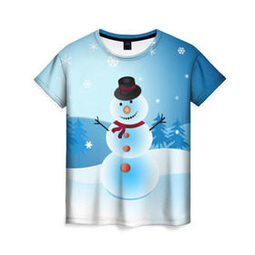 Женская футболка 3D с принтом Снеговик в Тюмени, 100% полиэфир ( синтетическое хлопкоподобное полотно) | прямой крой, круглый вырез горловины, длина до линии бедер | дед мороз | зима | новый год | праздник | снеговик | снежинки