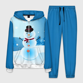 Мужской костюм 3D с принтом Снеговик в Тюмени, 100% полиэстер | Манжеты и пояс оформлены тканевой резинкой, двухслойный капюшон со шнурком для регулировки, карманы спереди | Тематика изображения на принте: дед мороз | зима | новый год | праздник | снеговик | снежинки