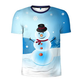 Мужская футболка 3D спортивная с принтом Снеговик в Тюмени, 100% полиэстер с улучшенными характеристиками | приталенный силуэт, круглая горловина, широкие плечи, сужается к линии бедра | дед мороз | зима | новый год | праздник | снеговик | снежинки