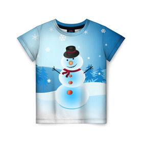 Детская футболка 3D с принтом Снеговик в Тюмени, 100% гипоаллергенный полиэфир | прямой крой, круглый вырез горловины, длина до линии бедер, чуть спущенное плечо, ткань немного тянется | дед мороз | зима | новый год | праздник | снеговик | снежинки