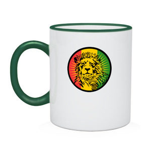 Кружка двухцветная с принтом Ямайский лев в Тюмени, керамика | объем — 330 мл, диаметр — 80 мм. Цветная ручка и кайма сверху, в некоторых цветах — вся внутренняя часть | лев | раста | ямайка