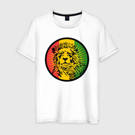 Мужская футболка хлопок с принтом Ямайский лев в Тюмени, 100% хлопок | прямой крой, круглый вырез горловины, длина до линии бедер, слегка спущенное плечо. | Тематика изображения на принте: лев | раста | ямайка