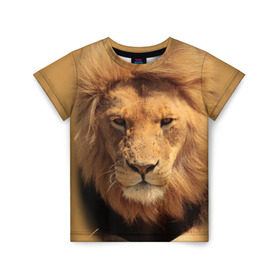 Детская футболка 3D с принтом Лев в Тюмени, 100% гипоаллергенный полиэфир | прямой крой, круглый вырез горловины, длина до линии бедер, чуть спущенное плечо, ткань немного тянется | животные | кошка | лев | тигр | хищник