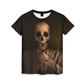 Женская футболка 3D с принтом Скелет в пиджаке в Тюмени, 100% полиэфир ( синтетическое хлопкоподобное полотно) | прямой крой, круглый вырез горловины, длина до линии бедер | Тематика изображения на принте: кости | пиджак | скелет | ужас | череп