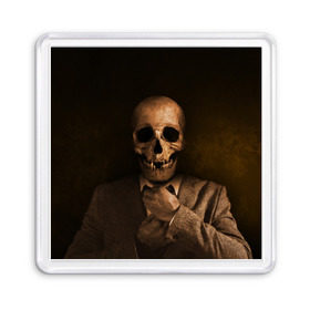 Магнит 55*55 с принтом Скелет в пиджаке в Тюмени, Пластик | Размер: 65*65 мм; Размер печати: 55*55 мм | кости | пиджак | скелет | ужас | череп