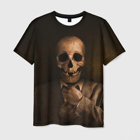 Мужская футболка 3D с принтом Скелет в пиджаке в Тюмени, 100% полиэфир | прямой крой, круглый вырез горловины, длина до линии бедер | кости | пиджак | скелет | ужас | череп
