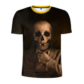 Мужская футболка 3D спортивная с принтом Скелет в пиджаке в Тюмени, 100% полиэстер с улучшенными характеристиками | приталенный силуэт, круглая горловина, широкие плечи, сужается к линии бедра | Тематика изображения на принте: кости | пиджак | скелет | ужас | череп