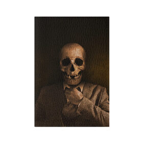 Обложка для паспорта матовая кожа с принтом Скелет в пиджаке в Тюмени, натуральная матовая кожа | размер 19,3 х 13,7 см; прозрачные пластиковые крепления | Тематика изображения на принте: кости | пиджак | скелет | ужас | череп