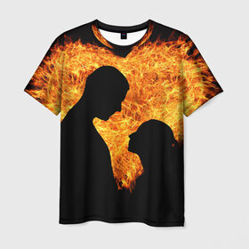 Мужская футболка 3D с принтом Огненная любовь в Тюмени, 100% полиэфир | прямой крой, круглый вырез горловины, длина до линии бедер | Тематика изображения на принте: любовь | огонь | пламя | сердце | танец