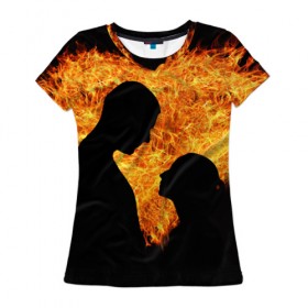 Женская футболка 3D с принтом Огненная любовь в Тюмени, 100% полиэфир ( синтетическое хлопкоподобное полотно) | прямой крой, круглый вырез горловины, длина до линии бедер | Тематика изображения на принте: любовь | огонь | пламя | сердце | танец