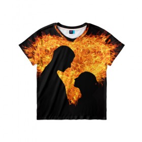 Детская футболка 3D с принтом Огненная любовь в Тюмени, 100% гипоаллергенный полиэфир | прямой крой, круглый вырез горловины, длина до линии бедер, чуть спущенное плечо, ткань немного тянется | Тематика изображения на принте: любовь | огонь | пламя | сердце | танец