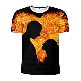 Мужская футболка 3D спортивная с принтом Огненная любовь в Тюмени, 100% полиэстер с улучшенными характеристиками | приталенный силуэт, круглая горловина, широкие плечи, сужается к линии бедра | любовь | огонь | пламя | сердце | танец
