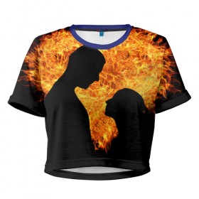 Женская футболка 3D укороченная с принтом Огненная любовь в Тюмени, 100% полиэстер | круглая горловина, длина футболки до линии талии, рукава с отворотами | Тематика изображения на принте: любовь | огонь | пламя | сердце | танец