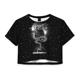 Женская футболка 3D укороченная с принтом Ночная сова в Тюмени, 100% полиэстер | круглая горловина, длина футболки до линии талии, рукава с отворотами | astronaut | bird | cosmonaut | cosmos | galaxy | hipster | moon | night | owl | planet | space | star | universe | вселенная | галактика | звезды | космонавт | космос | луна | планета | птица | сова