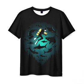 Мужская футболка 3D с принтом Подводный мир в Тюмени, 100% полиэфир | прямой крой, круглый вырез горловины, длина до линии бедер | fish | ocean | predator | sea | shark | under | акула | вода | дайвер | дайвинг | море | океан | рыба | хищник