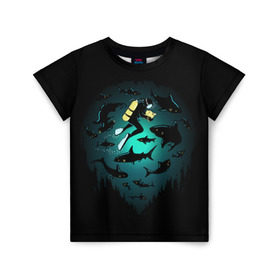 Детская футболка 3D с принтом Подводный мир в Тюмени, 100% гипоаллергенный полиэфир | прямой крой, круглый вырез горловины, длина до линии бедер, чуть спущенное плечо, ткань немного тянется | fish | ocean | predator | sea | shark | under | акула | вода | дайвер | дайвинг | море | океан | рыба | хищник