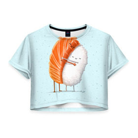Женская футболка 3D укороченная с принтом Суши друзья в Тюмени, 100% полиэстер | круглая горловина, длина футболки до линии талии, рукава с отворотами | china | eat | fish | food | japan | sushi | лосось | прикол | рис | ролл | рыба | суши