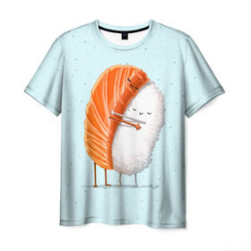 Мужская футболка 3D с принтом Суши друзья в Тюмени, 100% полиэфир | прямой крой, круглый вырез горловины, длина до линии бедер | china | eat | fish | food | japan | sushi | лосось | прикол | рис | ролл | рыба | суши