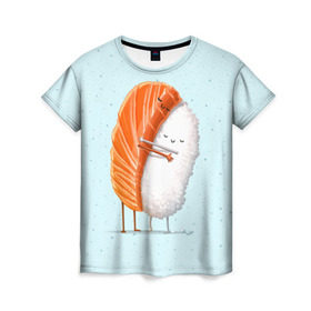 Женская футболка 3D с принтом Суши друзья в Тюмени, 100% полиэфир ( синтетическое хлопкоподобное полотно) | прямой крой, круглый вырез горловины, длина до линии бедер | china | eat | fish | food | japan | sushi | лосось | прикол | рис | ролл | рыба | суши