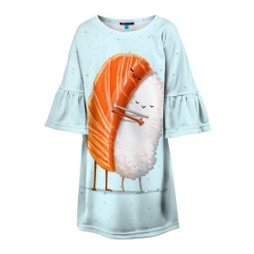 Детское платье 3D с принтом Суши друзья в Тюмени, 100% полиэстер | прямой силуэт, чуть расширенный к низу. Круглая горловина, на рукавах — воланы | china | eat | fish | food | japan | sushi | лосось | прикол | рис | ролл | рыба | суши