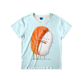 Детская футболка 3D с принтом Суши друзья в Тюмени, 100% гипоаллергенный полиэфир | прямой крой, круглый вырез горловины, длина до линии бедер, чуть спущенное плечо, ткань немного тянется | china | eat | fish | food | japan | sushi | лосось | прикол | рис | ролл | рыба | суши