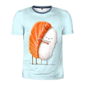 Мужская футболка 3D спортивная с принтом Суши друзья в Тюмени, 100% полиэстер с улучшенными характеристиками | приталенный силуэт, круглая горловина, широкие плечи, сужается к линии бедра | china | eat | fish | food | japan | sushi | лосось | прикол | рис | ролл | рыба | суши