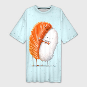 Платье-футболка 3D с принтом Суши друзья в Тюмени,  |  | china | eat | fish | food | japan | sushi | лосось | прикол | рис | ролл | рыба | суши