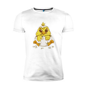 Мужская футболка премиум с принтом Цыпленок в Тюмени, 92% хлопок, 8% лайкра | приталенный силуэт, круглый вырез ворота, длина до линии бедра, короткий рукав | желтый | мультяшка | рисунок | цыпленок | яйца