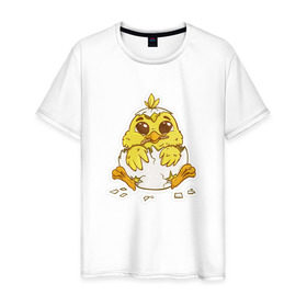 Мужская футболка хлопок с принтом Цыпленок в Тюмени, 100% хлопок | прямой крой, круглый вырез горловины, длина до линии бедер, слегка спущенное плечо. | желтый | мультяшка | рисунок | цыпленок | яйца