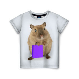 Детская футболка 3D с принтом Хомяк с сумкой в Тюмени, 100% гипоаллергенный полиэфир | прямой крой, круглый вырез горловины, длина до линии бедер, чуть спущенное плечо, ткань немного тянется | Тематика изображения на принте: грызун | животные | крыса | мышь | хомяк | яблоко