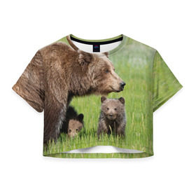 Женская футболка 3D укороченная с принтом Медведи в Тюмени, 100% полиэстер | круглая горловина, длина футболки до линии талии, рукава с отворотами | animals | bears | children | family | green | meadow | mother | predators | дети | животные | зеленая | мама | медведи | поляна | семья | хищники