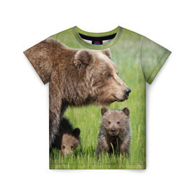 Детская футболка 3D с принтом Медведи в Тюмени, 100% гипоаллергенный полиэфир | прямой крой, круглый вырез горловины, длина до линии бедер, чуть спущенное плечо, ткань немного тянется | animals | bears | children | family | green | meadow | mother | predators | дети | животные | зеленая | мама | медведи | поляна | семья | хищники