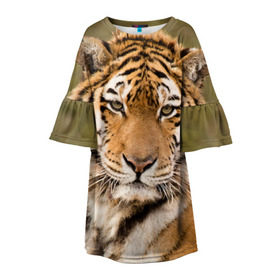 Детское платье 3D с принтом Тигр в Тюмени, 100% полиэстер | прямой силуэт, чуть расширенный к низу. Круглая горловина, на рукавах — воланы | Тематика изображения на принте: animal | predator | striped | tiger | view | wild | взгляд | дикий | животное | полосатый | тигр | хищник