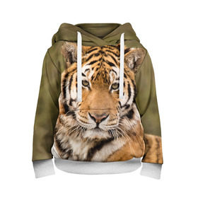 Детская толстовка 3D с принтом Тигр в Тюмени, 100% полиэстер | двухслойный капюшон со шнурком для регулировки, мягкие манжеты на рукавах и по низу толстовки, спереди карман-кенгуру с мягким внутренним слоем | animal | predator | striped | tiger | view | wild | взгляд | дикий | животное | полосатый | тигр | хищник