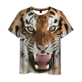 Мужская футболка 3D с принтом Тигр в Тюмени, 100% полиэфир | прямой крой, круглый вырез горловины, длина до линии бедер | Тематика изображения на принте: animal | predator | striped | tiger | view | wild | взгляд | дикий | животное | полосатый | тигр | хищник