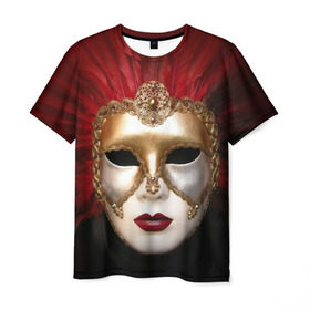 Мужская футболка 3D с принтом Венецианская маска в Тюмени, 100% полиэфир | прямой крой, круглый вырез горловины, длина до линии бедер | Тематика изображения на принте: венеция | италия | карнавал | красный | лицо | перья