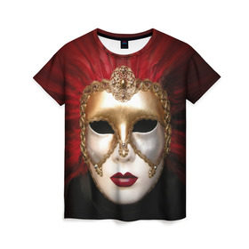 Женская футболка 3D с принтом Венецианская маска в Тюмени, 100% полиэфир ( синтетическое хлопкоподобное полотно) | прямой крой, круглый вырез горловины, длина до линии бедер | Тематика изображения на принте: венеция | италия | карнавал | красный | лицо | перья