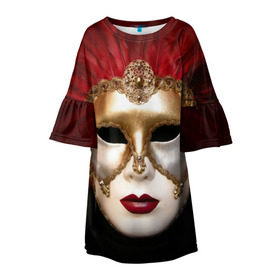 Детское платье 3D с принтом Венецианская маска в Тюмени, 100% полиэстер | прямой силуэт, чуть расширенный к низу. Круглая горловина, на рукавах — воланы | Тематика изображения на принте: венеция | италия | карнавал | красный | лицо | перья
